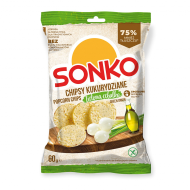 SONKO Chipsy kukurydziane - ZIELONA CEBULKA 60g / 20 - Produkt niezgodny