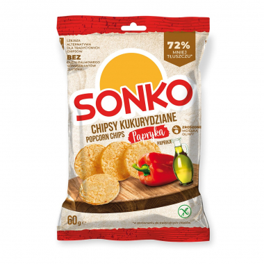 SONKO Chipsy kukurydziane - PAPRYKA 60g / 20 - Produkt niezgodny (data ważności 27.09.22r.)