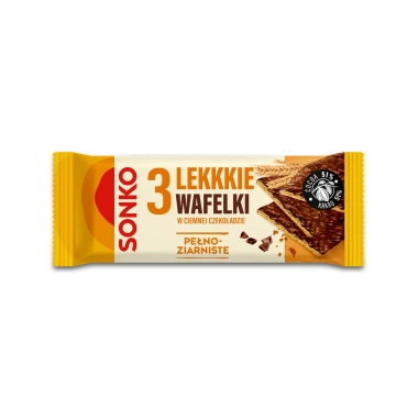 SONKO  3 Lekkie wafelki  PEŁNOZIARNISTE w ciemnej czekoladzie  36g / 11- Produkt niezgodny - DATA WAŻNOŚCI 12.08.24R.